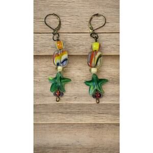 Vintage Art Glass Star Dangle Earrings Multicolor Lampwork Boho Fairy Cottage